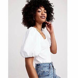 Fitted Puff-Sleeve Paneled Rib-Knit T-Shirt | Old Navy Size M White